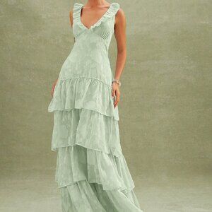 Mint Green Party Women's Floral Textured Tiered Ruffle Maxi Dress Dresses